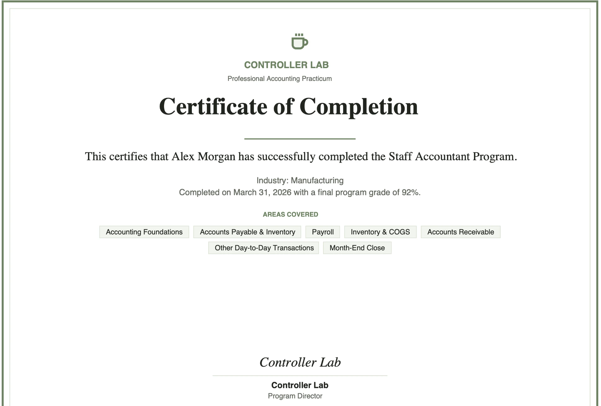 Controller Lab Certificate of Completion for the Staff Accountant Program listing areas covered