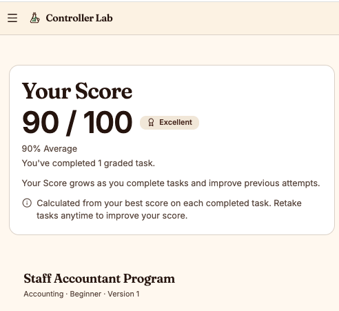 Controller Lab score card showing a graded result of 90 out of 100