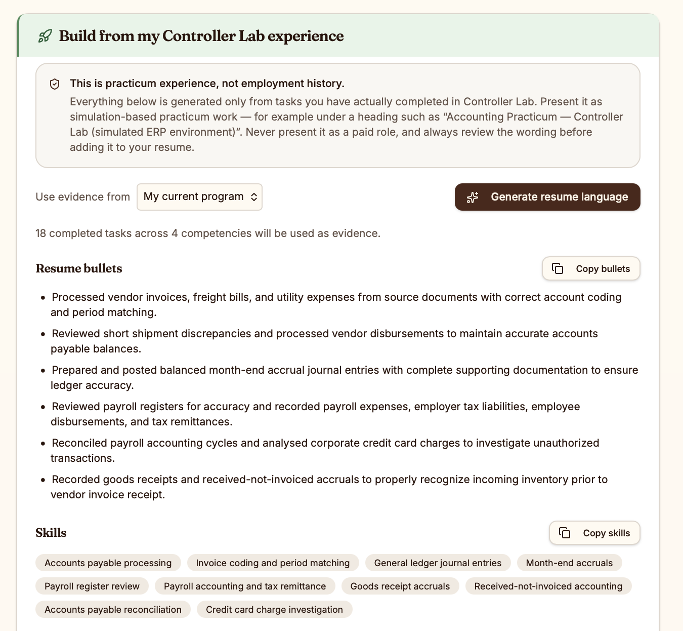 Resume builder generating practicum resume bullets and skills from completed Controller Lab tasks